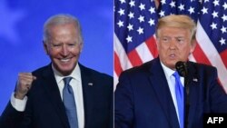 美國共和黨候選人特朗普（右）和民主黨總統候選人拜登分別在選舉日之夜。（2020年11月3日）