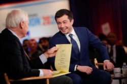 Democratic presidential candidate and former South Bend Mayor Pete Buttigieg is interviewed after the Democratic presidential primary debate, Feb. 19, 2020, in Las Vegas, hosted by NBC News and MSNBC.
