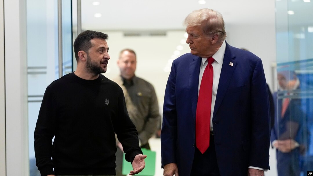 FILE - President Donald Trump meets with Ukraine's President Volodymyr Zelenskyy at Trump Tower in New York, Sept. 27, 2024.