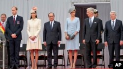 Britanski princ i vojvotkinja od Kembridža, francuski predsednika Fransoa Oland, belgijska kraljica Matilda i kralj Filip i nemački predsednik Joahim Gauk na obeležavanju stogodišnjice početka Prvog svetskog rata u Liježu, u Belgiji, 4. avgust 2014. 