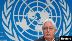 FILE — Martin Griffiths, Under-Secretary-General for Humanitarian Affairs and Emergency Relief Coordinator speaks to media at the United Nations European headquarters in Geneva, Switzerland, February 7, 2024. 