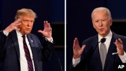 ARHIVA - Tadašnji predsjednik Donald Trump i njegov protivnik na predsjedničkim izborima Joe Biden u prvoj predsjedničkoj debati u Klivlendu u Ohaju.