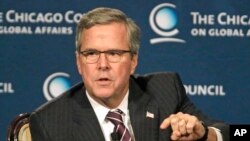 Former Florida governor Jeb Bush answers questions after speaking at the Chicago Council on Global Affairs, Feb. 18, 2015, in Chicago.