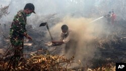 Warga desa dan anggota TNI berusaha memadamkan kebakaran hutan dan lahan di Rimbo Panjang, provinsi Riau, Minggu (6/9). Asap tebal akibat pembakaran lahan dan hutan di Pulau Sumatera dan Kalimantan semakin parah minggu ini. 