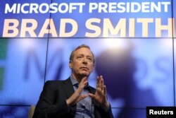 FILE - Microsoft President Brad Smith speaks during a Reuters Newsmaker event in New York, Sept. 13, 2019.