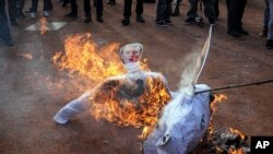 A picture of French President Emmanuel Macron burns during a demonstration in Lyon, central France, Jan. 9, 2020.