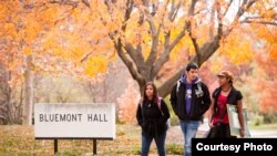 Students walk across campus at Kansas State University in Manhattan, Kansas.