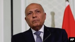 FILE — Egyptian Foreign Minister Sameh Shoukry holds a joint press conference with U.S. Secretary of State Antony Blinken, during Blinken's visit to Cairo, Egypt, March 21, 2024. 