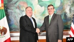 Photo released by the Mexican Foreign Ministry shows Mexican Foreign Minister Marcelo Ebrard, right, shaking hands with US Secretary of State Mike Pompeo during a meeting in Mexico City, July 21, 2019. 