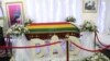 The coffin of the late former Zimbabwean leader Robert Mugabe at his residence in Harare, Thursday Sept. 12, 2019. Zimbabwe's founding leader Robert Mugabe made his final journey back to the country Wednesday.