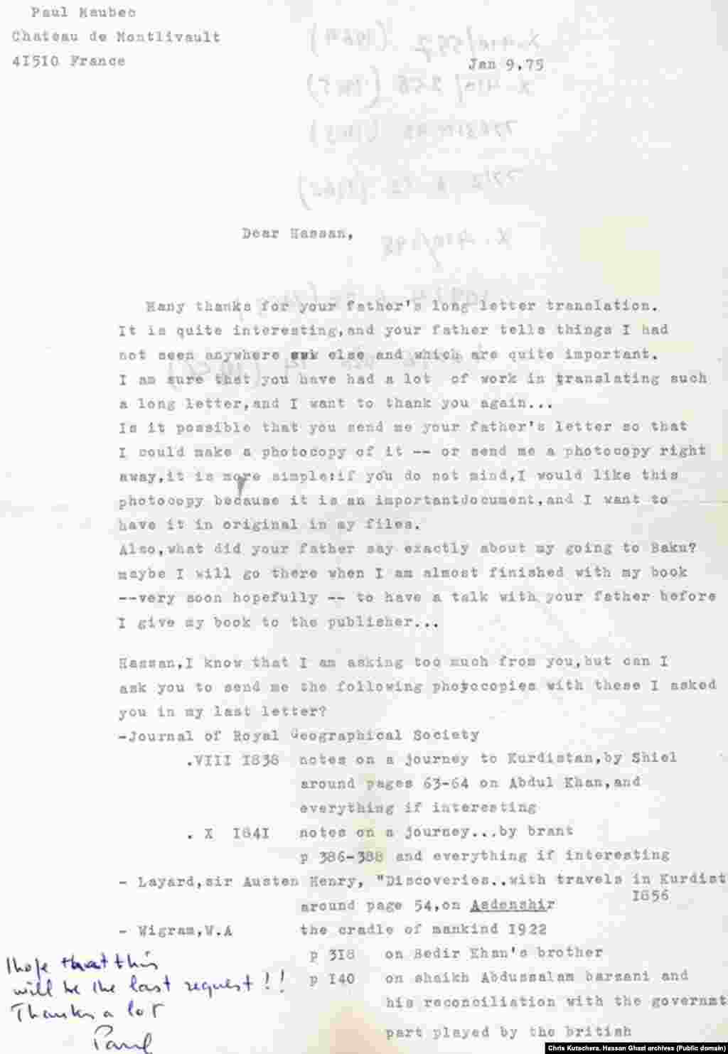 &nbsp;&nbsp; One of the letters from Paul Maubec ( Chris Kutschera) to Hassan Ghazi (Qazi) Chris Kutschera Photos