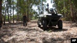 Israel Aerospace Industries' semi-autonomous four-wheel-drive "REX MKII" is seen at an IAI facility near the central Israeli city of Lod, Sept. 9, 2021. (AP Photo/Sebastian Scheiner)