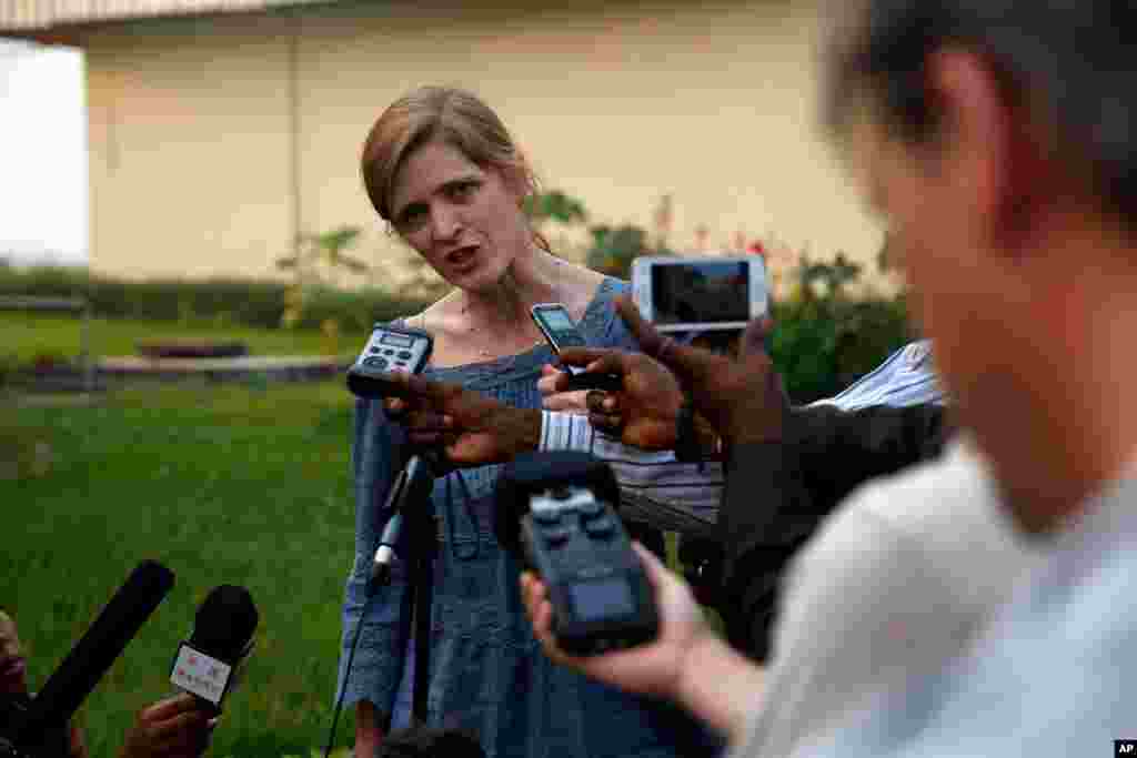 U.S. Ambassador to the United Nations Samantha Power answers questions at the airport in Bangui, Central African Republic, Dec. 19, 2013.&nbsp;