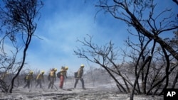 Members of Riverside County Cal Fire monitor for hot spots while battling the Airport Fire in El Cariso Village, in unincorporated Riverside, County, California, Sept. 11, 2024.