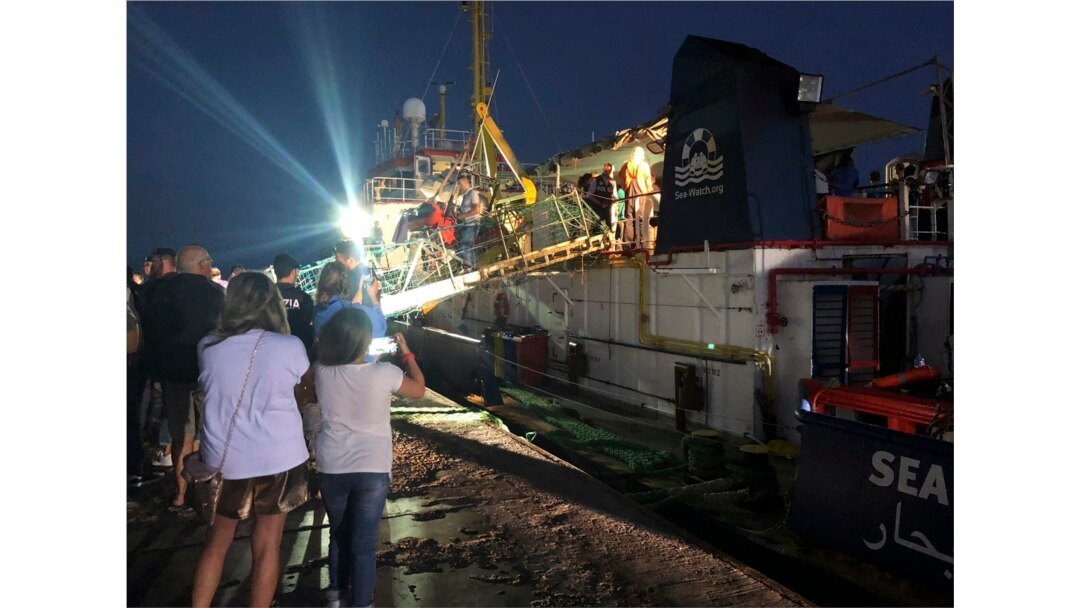 The Dutch-flagged Sea-Watch 3 ship docks at the Lampedusa harbor, Italy, early June 29, 2019.