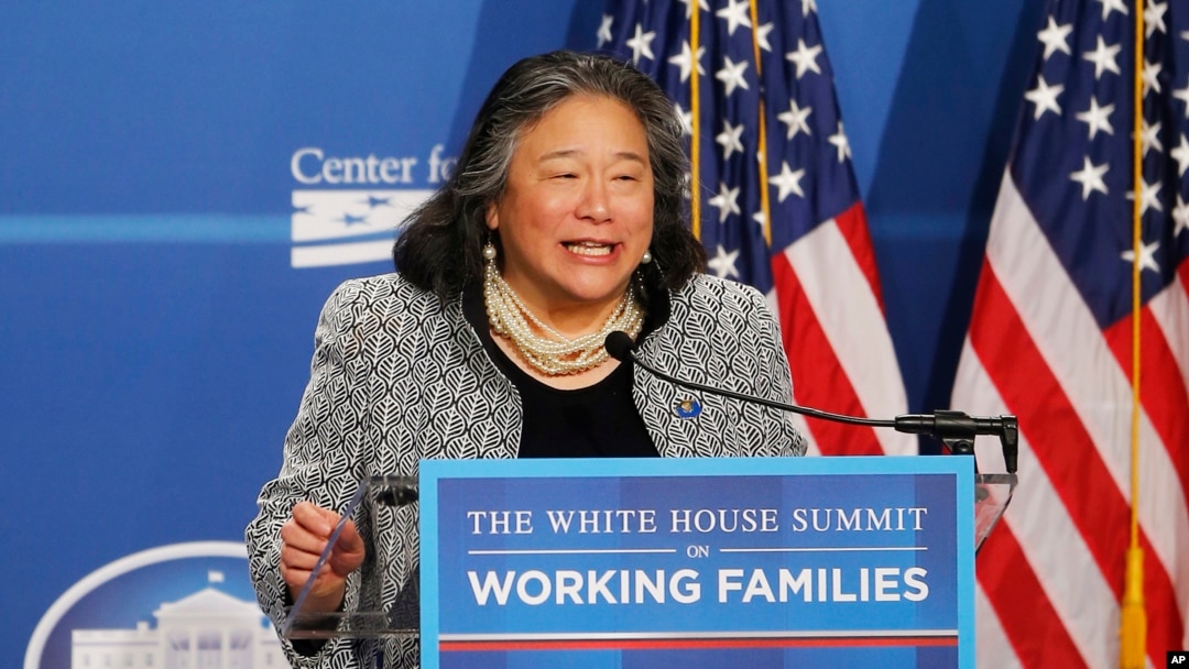 FILE - Tina Tchen, chief of staff to first lady Michelle Obama, speaks at The White House Summit on Working Families at a hotel in Washington, June 23, 2014.