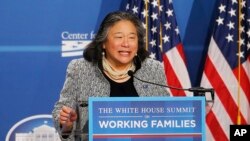 FILE - Tina Tchen, chief of staff to first lady Michelle Obama, speaks at The White House Summit on Working Families at a hotel in Washington, June 23, 2014.