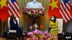 Phó Tổng thống Mỹ Kamala Harris tại buổi tiếp đón của Phó Chủ tịch nước Việt Nam Võ Thị Xuân Ánh tại Phủ Chủ tịch ở Hà Nội hôm 25/8. Bà Harris đã thúc đẩy cho việc cắt giảm thuế đối với hàng nông sản Mỹ trong chuyến thăm này.