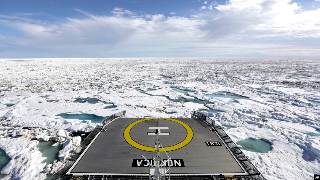 FILE - A Finnish icebreaker sails through sea ice floating on the Victoria Strait along the Northwest Passage in the Canadian Arctic Archipelago, July 21, 2017. The U.S., Canada and Finland on July 11, 2024, announced they will build up their icebreaker fleets.