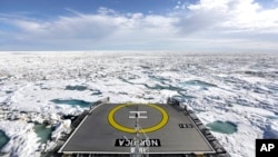 FILE - A Finnish icebreaker sails through sea ice floating on the Victoria Strait along the Northwest Passage in the Canadian Arctic Archipelago, July 21, 2017. The U.S., Canada and Finland on July 11, 2024, announced they will build up their icebreaker fleets.