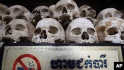 Human sculls are displayed in the stupa of Choeung Ek, a former Khmer Rouge "killing field" dotted with mass graves about nine miles (15 kilometers) south of Phnom Penh.