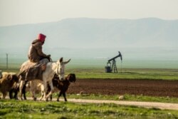 FILE - A shepherd rides a donkey across a pumpjack operating in an oil field in the countryside of al-Qahtaniyah town in Syria's northeastern Hasakeh province, near the Turkish border, March 11, 2020.