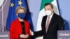 EU Commission President Ursula von der Leyen and Italian Premier Mario Draghi attend a press conference at the end of a virtual global health summit, in Rome's Villa Pamphili, May 21, 2021.