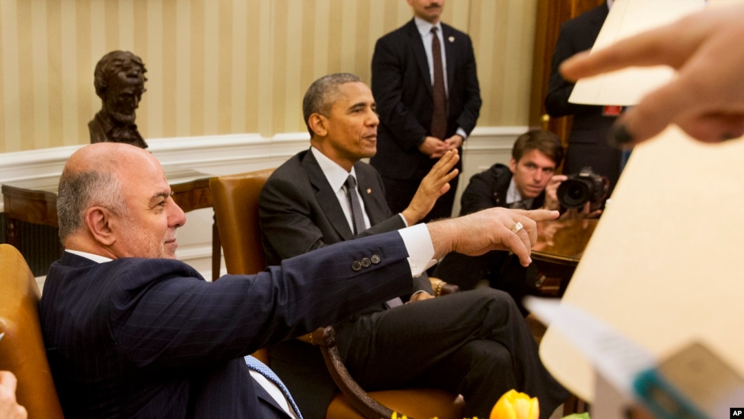 Presiden AS Barack Obama dan PM Irak Haider al-Abadi dalam konferensi pers di Gedung Putih, April 2015. (AP/Jacquelyn Martin)