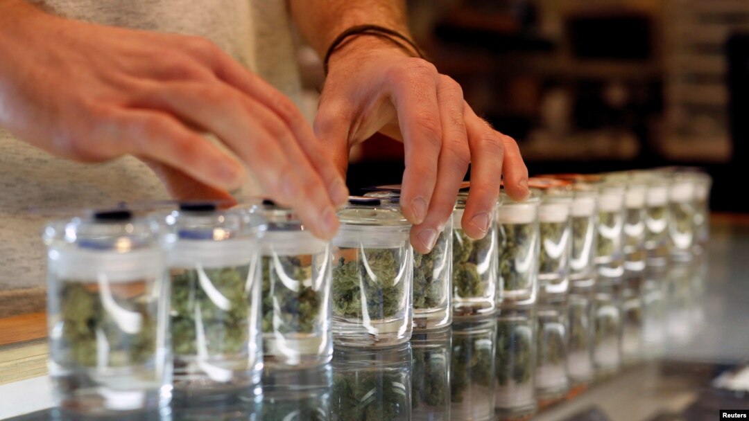 FILE - A variety of medicinal marijuana buds in jars are pictured at Los Angeles Patients & Caregivers Group dispensary in West Hollywood, California.