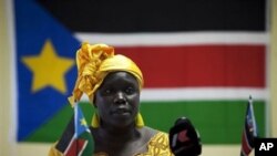 Dr. Anne Itto, head of the Sudan Peoples Liberation Movement- Southern Sector, addresses reporters at a press conference Wednesday, April 14, 2010 in Juba, southern Sudan. Dr. Itto addressed issues of missing ballots, voter registration discrepancies, inc