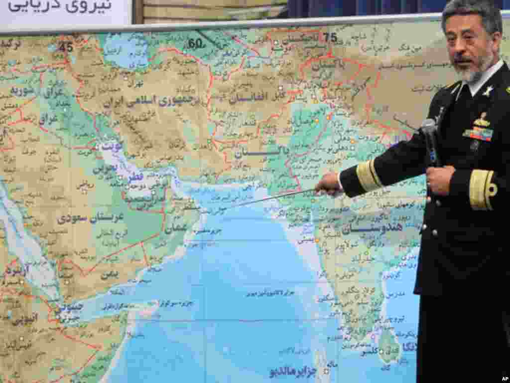 Iran's Navy Commander Habibulah Sayari points at a map during a news conference in Tehran December 22, 2011 before Iran's navy launched a 10-day war game in the Strait of Hormuz. (Reuters)