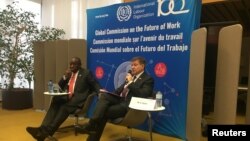 South African President Cyril Ramaphosa and International Labour Organization Director-General Guy Ryder launch the report of the Global Commission on the Future of Work at a news conference held at ILO headquarters in Geneva, Switzerland, Jan. 22, 2019.