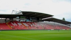 This photo provided by Wrexham FC shows the empty stands of the Racecourse Ground in Wrexham, Wales, Saturday, Sept. 11, 2021. 
