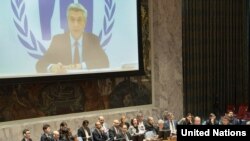 Filippo Grandi (on screen), UN High Commissioner for Refugees (UNHCR), briefs the Security Council meeting on the situation in Myanmar. UN Photo/Eskinder Debebe