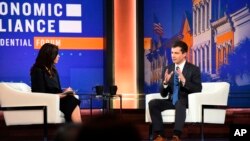 In this June 21, 2019 photo, Democratic presidential candidate Pete Buttigieg speaks at a forum in Charleston, S.C. Buttigieg is focusing his efforts this weekend on campaigning in South Carolina, where the majority of Democratic primary voters are black.