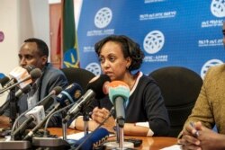 FILE - Dr. Lia Tadesse, Minister of Health of Ethiopia, speaks during an urgent press conference at the Federal Ministry of Health after the first case of COVID-19 coronavirus was detected in Ethiopia, in Addis Ababa, March 13, 2020.