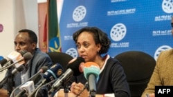 Dr. Lia Tadesse, Minister of Health of Ethiopia, speaks during an urgent press conference at the Federal Ministry of Health after the first case of COVID-19 coronavirus was detected in Ethiopia, in Addis Ababa, March 13, 2020. 