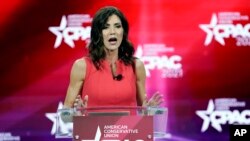In this Feb. 27, 2021, file photo, South Dakota Gov. Kristi Noem speaks at the Conservative Political Action Conference (CPAC) in Orlando, Fla. 
