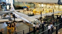 The B-29 Superfortress that dropped the atomic bomb on Hiroshima, Japan, shown at the Smithsonian Air and Space Museum's Steven F. Udvar-Hazy Center in Chantilly, Virginia, in 2005. Paul Tibbets, the pilot, named it "Enola Gay" in honor of his mother.