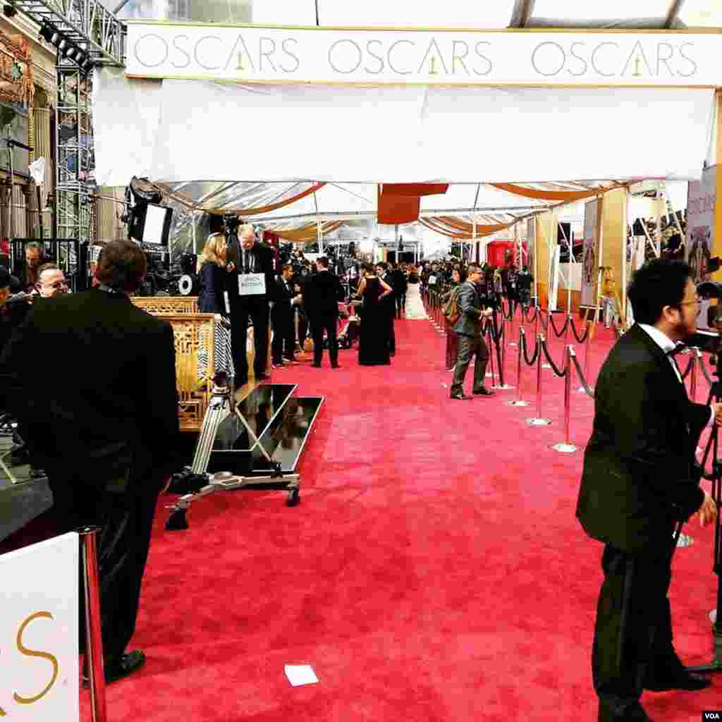 Des journalistes ont posé leurs caméras près du tapis rouge réservé aux stars hollywoodiennes, à Hollywood, Los Angeles, Californie, le 22 février 2015