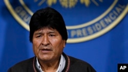 Bolivia's President Evo Morales looks on during a press conference in La Paz, Bolivia, Nov. 10, 2019