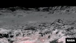 This mosaic image uses false color to highlight the recently exposed brine, or salty liquids, that were pushed up from a deep reservoir under Ceres' crust. In this view of a region of Occator Crater, they appear reddish. (Credits: NASA)