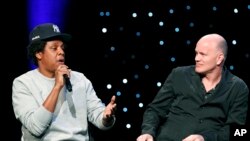 "Jay-Z" and Michael Novogratz, founder and CEO Galaxy Digital, during the launch of a partnership among entertainment moguls, recording artists, business and sports leaders who hope to transform the American criminal justice system, Jan. 23, 2019.