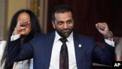 Kash Patel, President Donald Trump's new director of the FBI, reacts during his ceremonial swearing-in, Feb. 21, 2025, in the Indian Treaty Room at the Eisenhower Executive Office Building on the White House campus in Washington. 