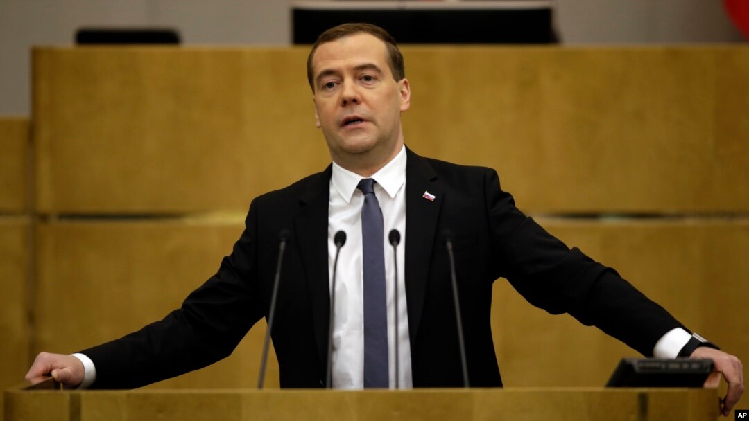 FILE - Russian Prime Minister Dmitry Medvedev addresses the State Duma in Moscow, April 22, 2014.