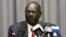 South Sudanese information minister, Michael Makuei Lueth, shown here at a news conference in Addis Ababa last year, says South Sudan needs to restore peace before the alleged perpetrators of violence in the conflict can be held accountable. 