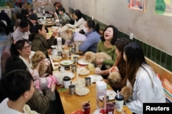 Women gather with their dogs for a dinner event ahead of the Lunar New Year at Kong Shan Yunnan Bistro in Shanghai, China, on Jan. 25, 2025. "He's my soulmate," one of the attendees told a reporter, referring to her border collie, Yakult.