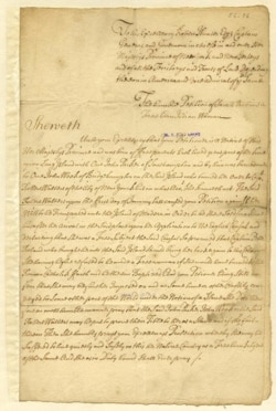 1711 Petition of Sarah Robins, a "free born Indian woman", to Governor Robert Hunter, protesting her threat of enslavement for refusal to convert to Christianity.