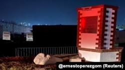 The statue of Mexican President Andres Manuel Lopez Obrador, unveiled two days ago, was toppled in Atlacomulco, Mexico, Jan. 1, 2022. 