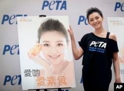 Aktris Taiwan Barbie Hsu, dikenal sebagai "Da S," memperkenalkan poster terbarunya untuk PETA Asia di Beijing, 26 November 2009. (Foto: AP)